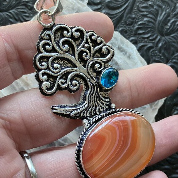 Tree With Blue Topaz and Sardonyx Pendant Crystal Stone Jewelry - Picture 3 of 7